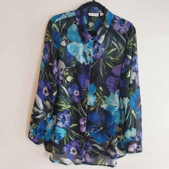 Susan Graver Tops - Susan Graver Purple & Blue Tropical Floral Semi Sheer Button Front Blouse